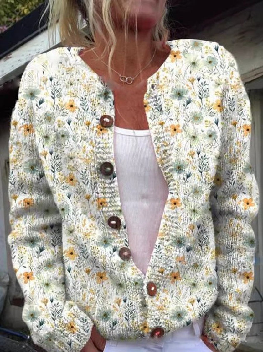 Mia | Women's Floral Embroidered Button-Front Knit Cardigan with Oversized for Layering