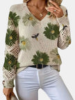 Romy | Women's Floral Knit V-Neck Crochet Sleeve Pullover Sweater for Everyday