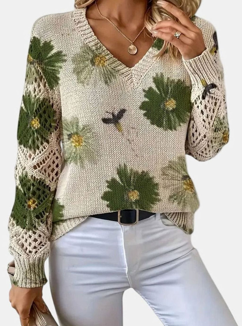 Romy | Women's Floral Knit V-Neck Crochet Sleeve Pullover Sweater for Everyday