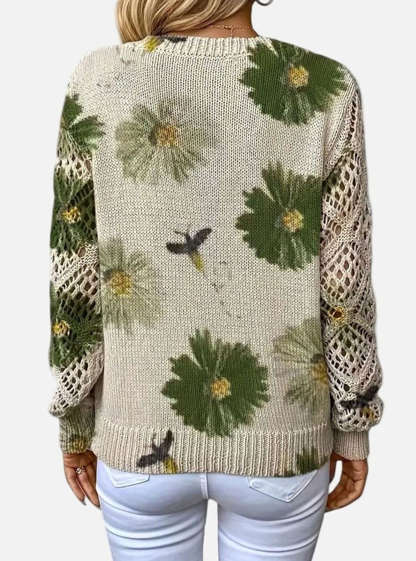Romy | Women's Floral Knit V-Neck Crochet Sleeve Pullover Sweater for Everyday