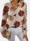 Romy | Women's Floral Knit V-Neck Crochet Sleeve Pullover Sweater for Everyday