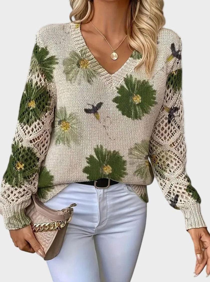 Romy | Women's Floral Knit V-Neck Crochet Sleeve Pullover Sweater for Everyday