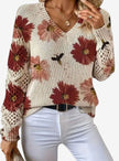 Romy | Women's Floral Knit V-Neck Crochet Sleeve Pullover Sweater for Everyday