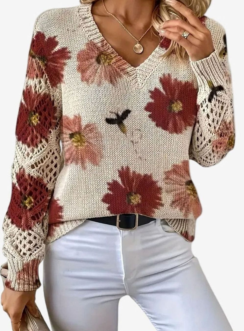 Romy | Women's Floral Knit V-Neck Crochet Sleeve Pullover Sweater for Everyday