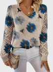 Romy | Women's Floral Knit V-Neck Crochet Sleeve Pullover Sweater for Everyday