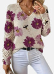Romy | Women's Floral Knit V-Neck Crochet Sleeve Pullover Sweater for Everyday