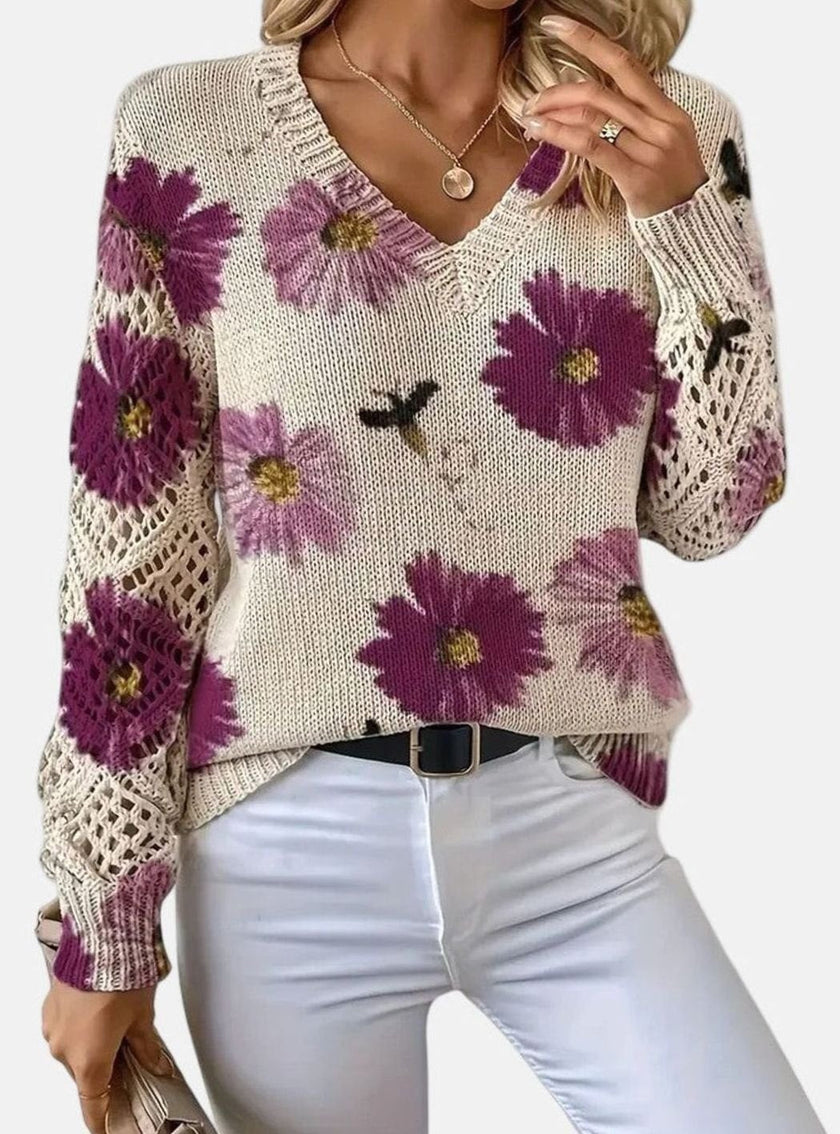 Romy | Women's Floral Knit V-Neck Crochet Sleeve Pullover Sweater for Everyday