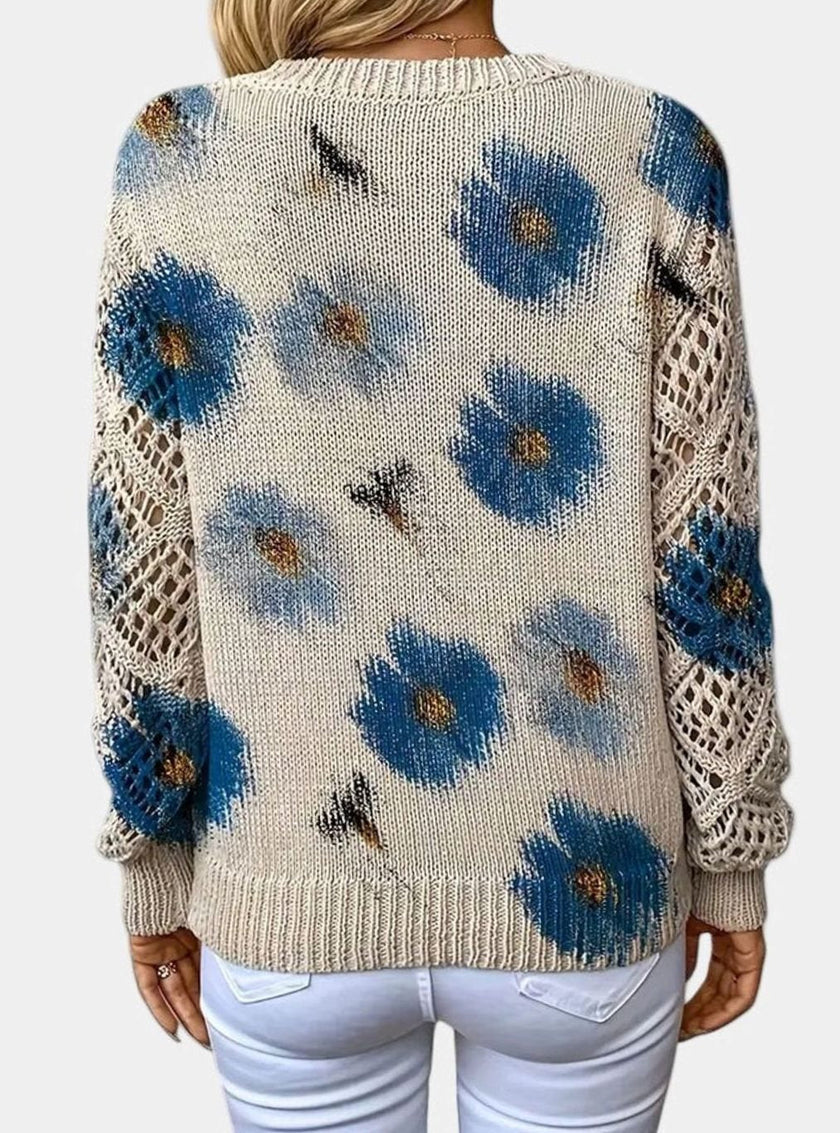 Romy | Women's Floral Knit V-Neck Crochet Sleeve Pullover Sweater for Everyday