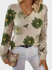 Romy | Women's Floral Knit V-Neck Crochet Sleeve Pullover Sweater for Everyday