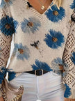 Romy | Women's Floral Knit V-Neck Crochet Sleeve Pullover Sweater for Everyday