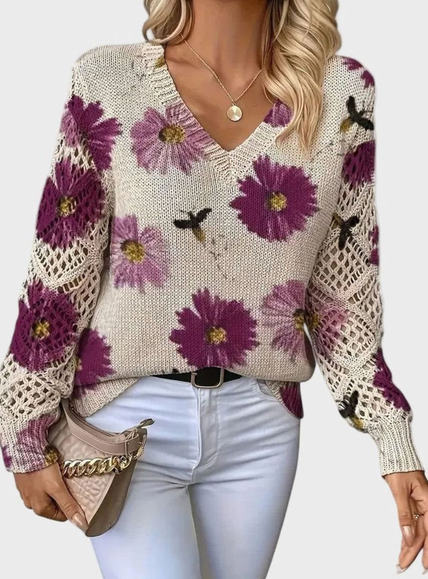 Romy | Women's Floral Knit V-Neck Crochet Sleeve Pullover Sweater for Everyday