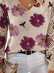 Romy | Women's Floral Knit V-Neck Crochet Sleeve Pullover Sweater for Everyday