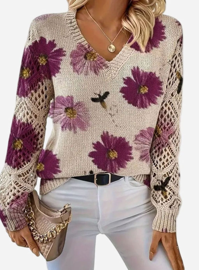 Romy | Women's Floral Knit V-Neck Crochet Sleeve Pullover Sweater for Everyday