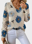 Romy | Women's Floral Knit V-Neck Crochet Sleeve Pullover Sweater for Everyday