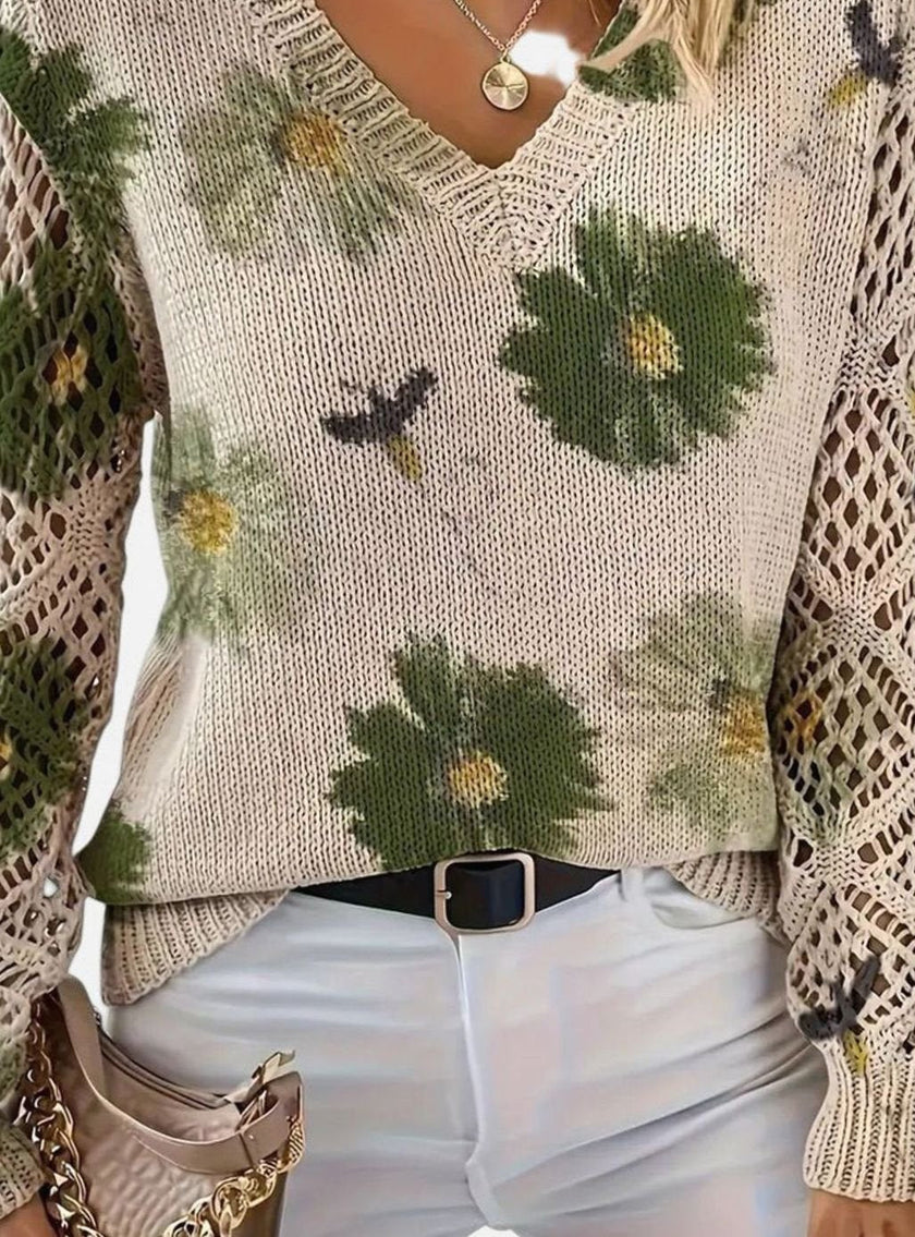 Romy | Women's Floral Knit V-Neck Crochet Sleeve Pullover Sweater for Everyday