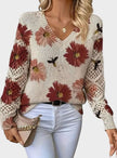Romy | Women's Floral Knit V-Neck Crochet Sleeve Pullover Sweater for Everyday