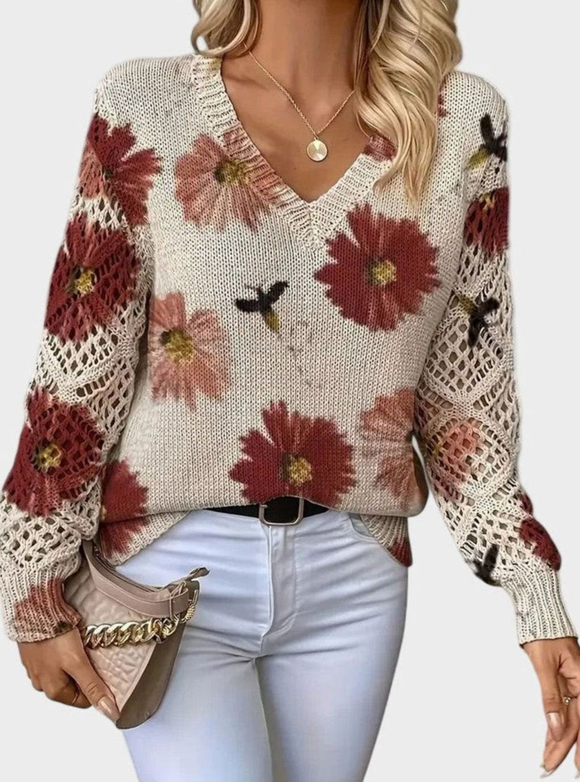 Romy | Women's Floral Knit V-Neck Crochet Sleeve Pullover Sweater for Everyday