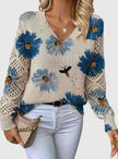 Romy | Women's Floral Knit V-Neck Crochet Sleeve Pullover Sweater for Everyday