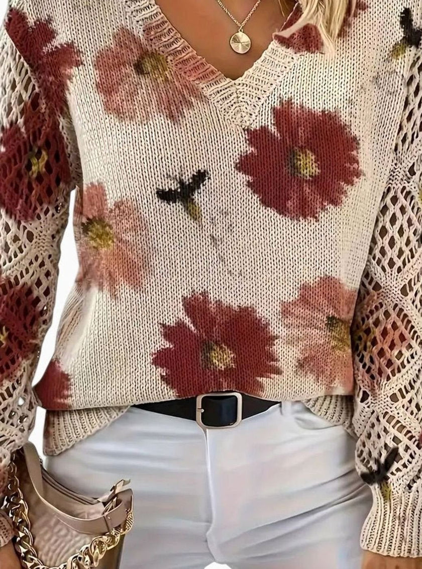 Romy | Women's Floral Knit V-Neck Crochet Sleeve Pullover Sweater for Everyday