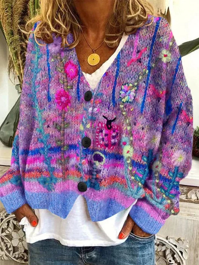 Ella | Women's Floral Printed Button-Up Knit-Look Cardigan with Striped for Winter