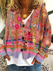Ella | Women's Floral Printed Button-Up Knit-Look Cardigan with Striped for Winter