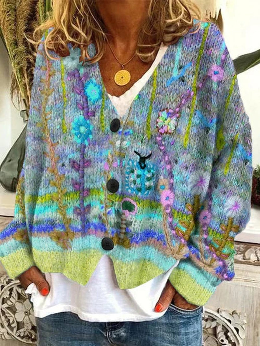 Ella | Women's Floral Printed Button-Up Knit-Look Cardigan with Striped for Winter