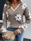 Scarlett | Women's Fluffy Floral V-Neck Knit Sweater Pullover with Ribbed for Layering