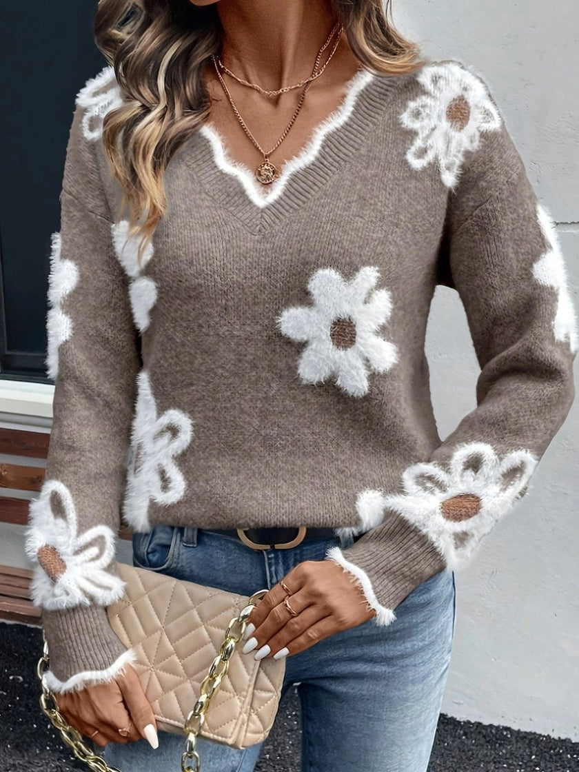 Scarlett | Women's Fluffy Floral V-Neck Knit Sweater Pullover with Ribbed for Layering