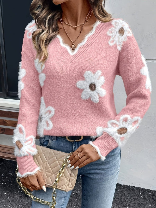 Scarlett | Women's Fluffy Floral V-Neck Knit Sweater Pullover with Ribbed for Layering
