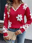 Scarlett | Women's Fluffy Floral V-Neck Knit Sweater Pullover with Ribbed for Layering