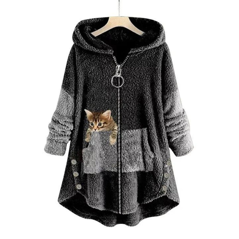 Charlotte | Women's Fluffy Plush Zip-Up Cat Print Hooded Sweater with Wrap for Winter