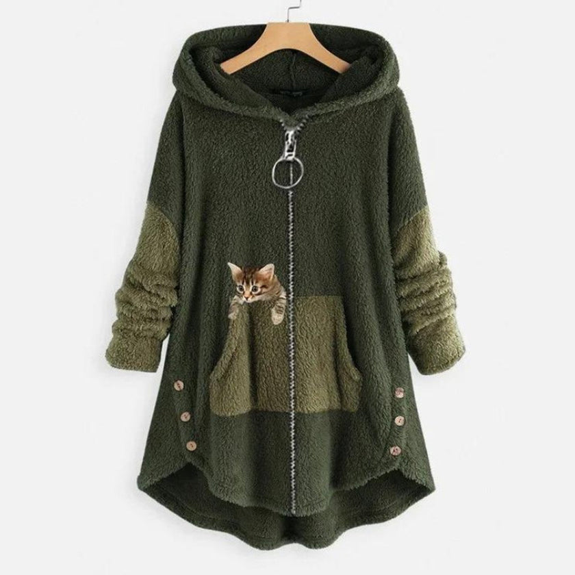 Charlotte | Women's Fluffy Plush Zip-Up Cat Print Hooded Sweater with Wrap for Winter