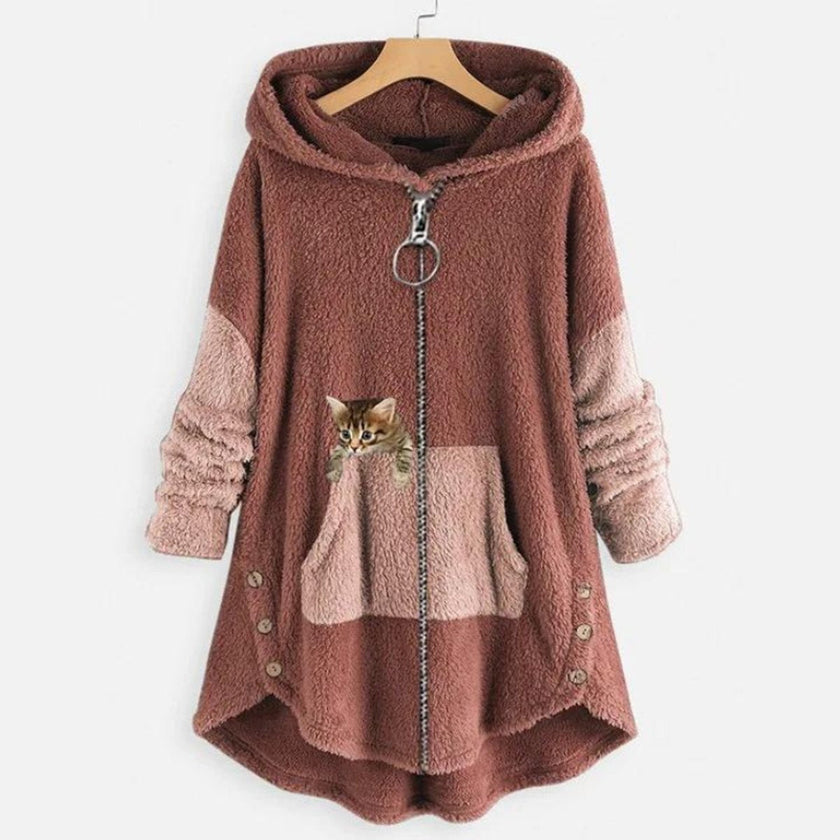 Charlotte | Women's Fluffy Plush Zip-Up Cat Print Hooded Sweater with Wrap for Winter