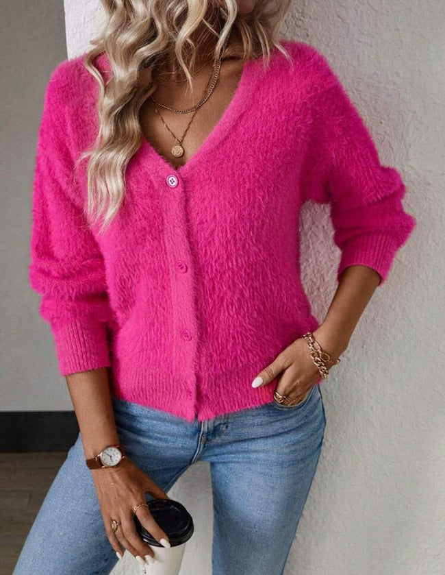 Charlotte | Women's Fluffy V-Neck Button-Front Knit Cardigan with Fuzzy for Layering