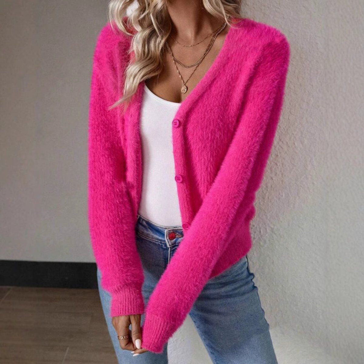 Button Up Cardigan Fluffy Fuzzy Knit V Neck Cardigan Sweater | Thora