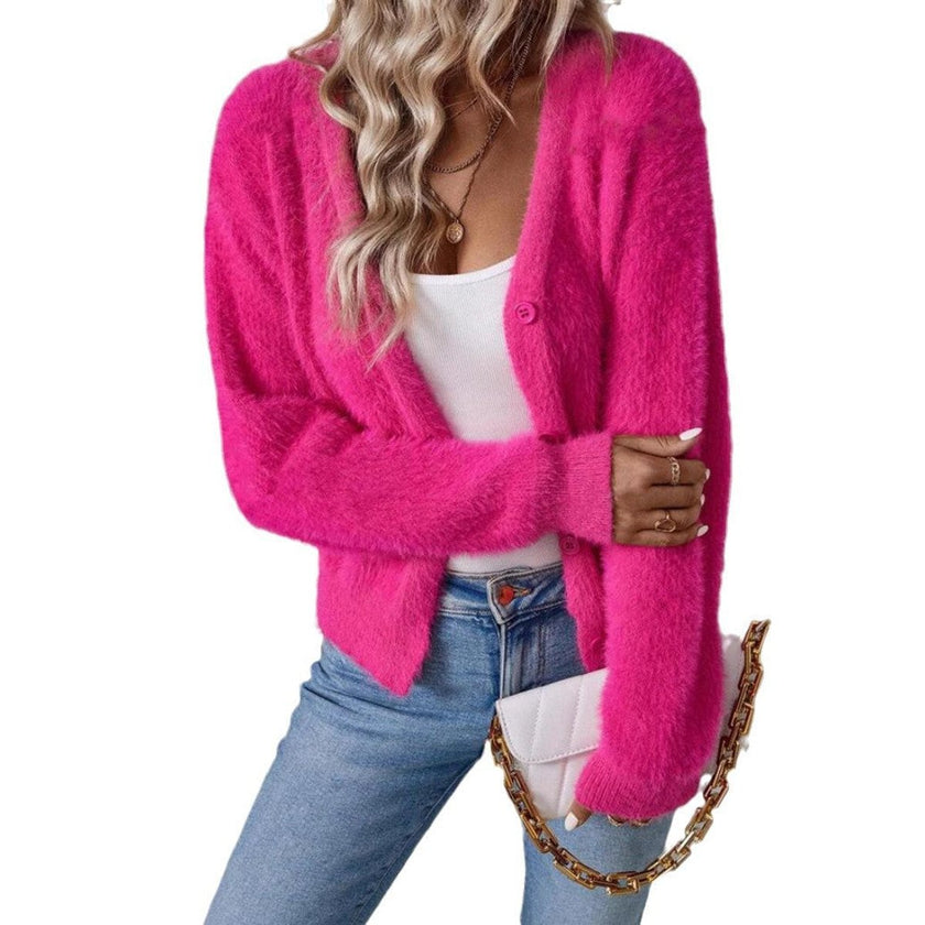 Charlotte | Women's Fluffy V-Neck Button-Front Knit Cardigan with Fuzzy for Layering
