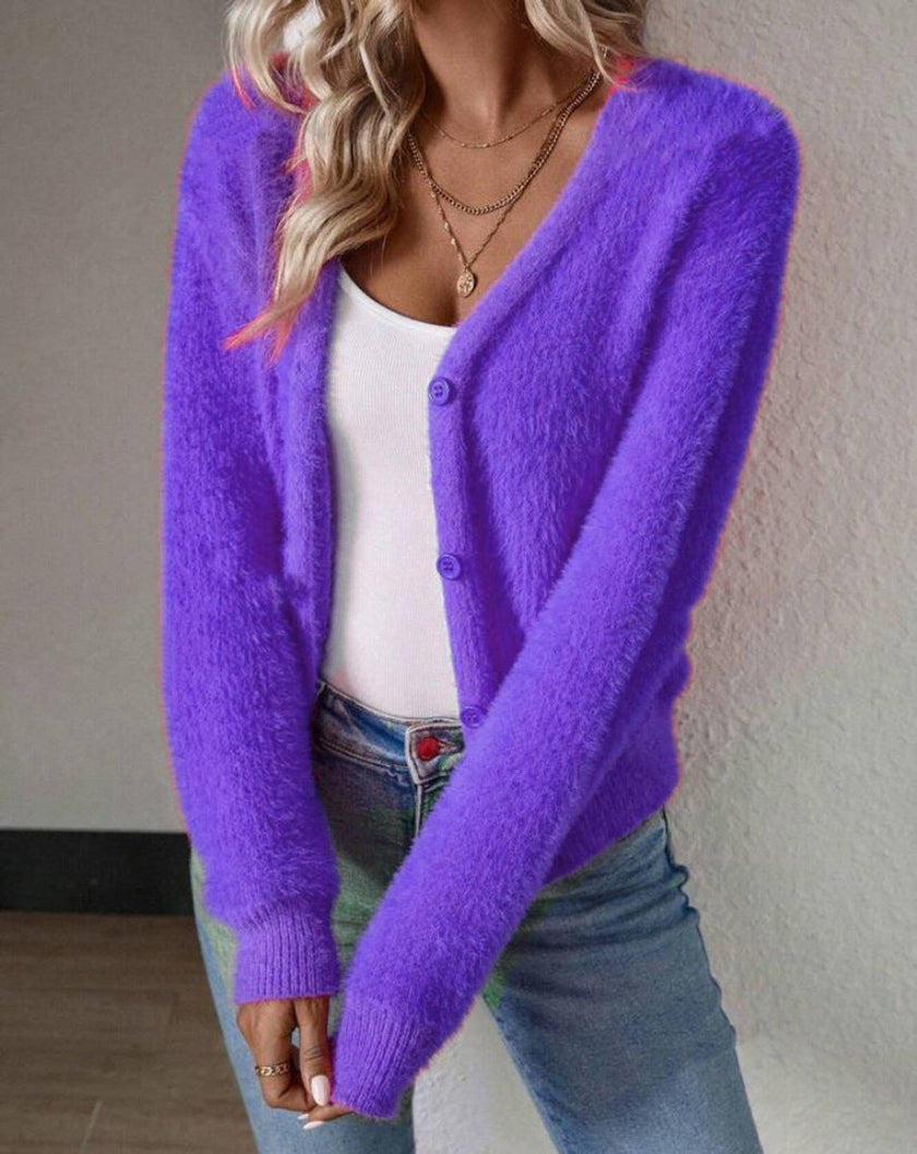 Charlotte | Women's Fluffy V-Neck Button-Front Knit Cardigan with Fuzzy for Layering
