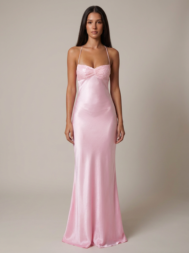 FJØRNA women's satin halter maxi dress with beaded details, formal evening gown, flowing fabric and elegant design.