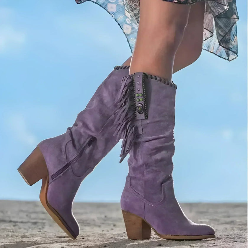 Luna | Women's Fringe Tassel Western Knee High Boots Block Heel Suede