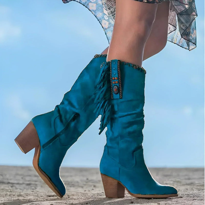 Luna | Women's Fringe Tassel Western Knee High Boots Block Heel Suede