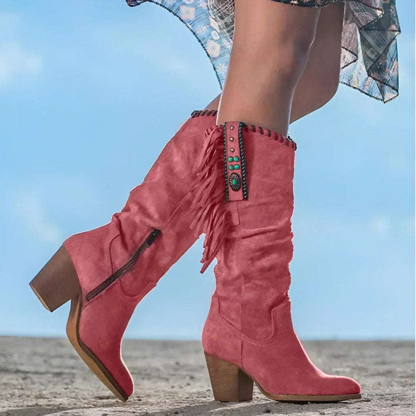 Luna | Women's Fringe Tassel Western Knee High Boots Block Heel Suede