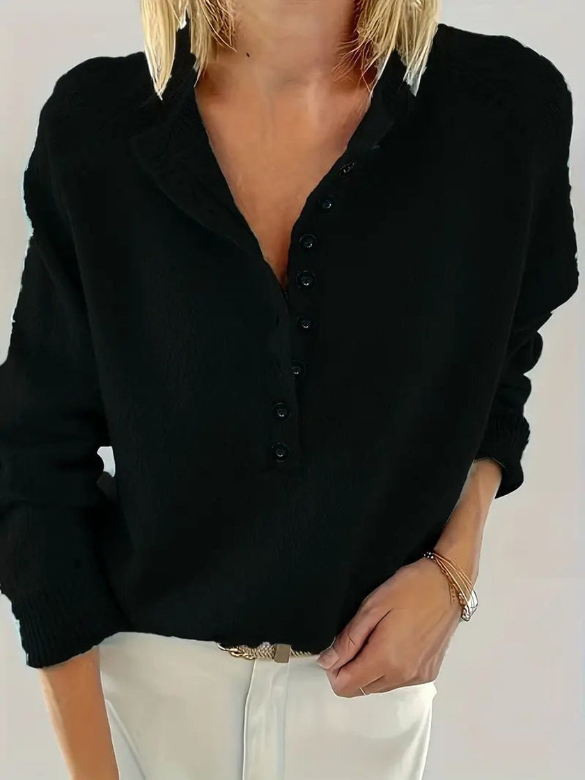 Sophia | Women's Half-Button V-Neck Pullover Knit Sweater with Ribbed for Winter
