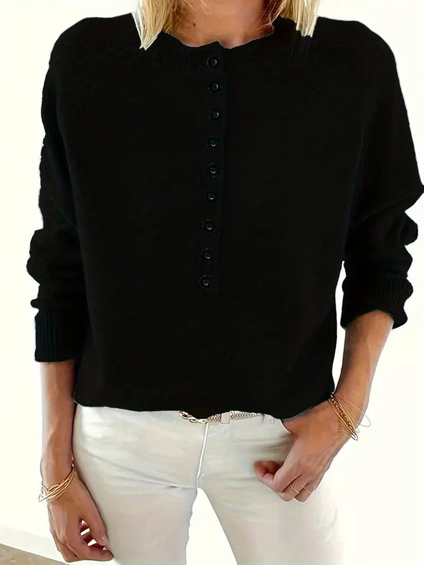 Sophia | Women's Half-Button V-Neck Pullover Knit Sweater with Ribbed for Winter