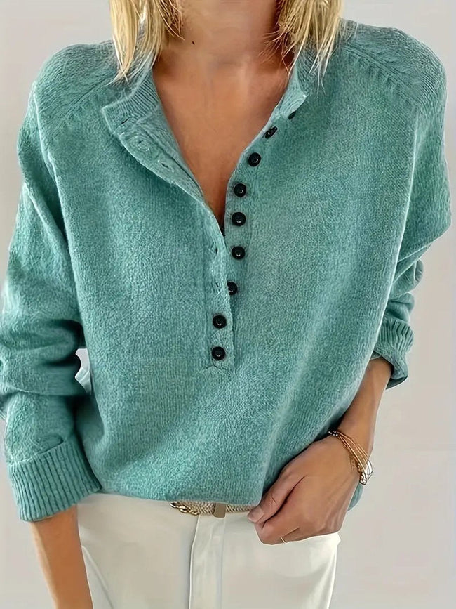 Sophia | Women's Half-Button V-Neck Pullover Knit Sweater with Ribbed for Winter