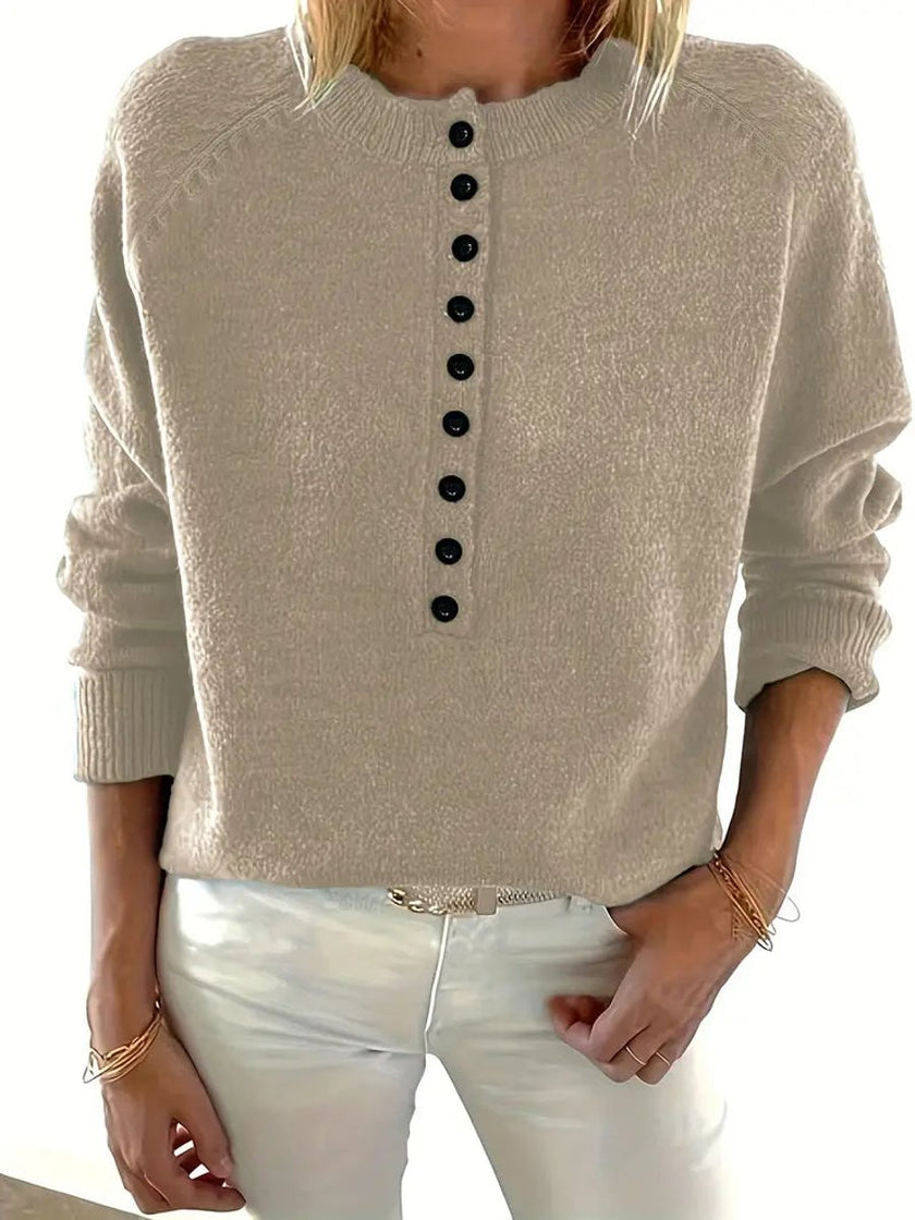 Sophia | Women's Half-Button V-Neck Pullover Knit Sweater with Ribbed for Winter