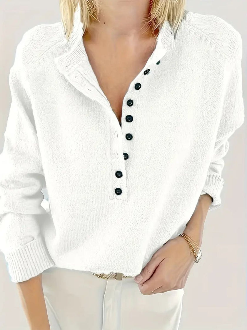 Sophia | Women's Half-Button V-Neck Pullover Knit Sweater with Ribbed for Winter