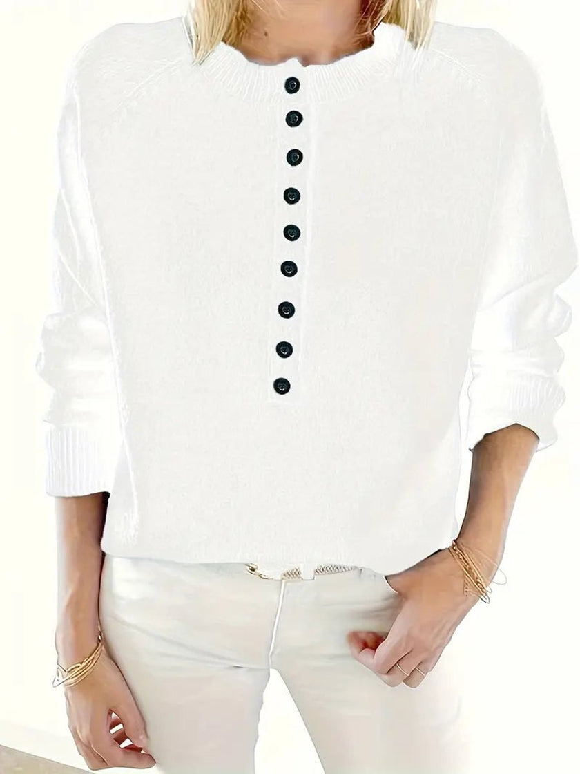 Sophia | Women's Half-Button V-Neck Pullover Knit Sweater with Ribbed for Winter