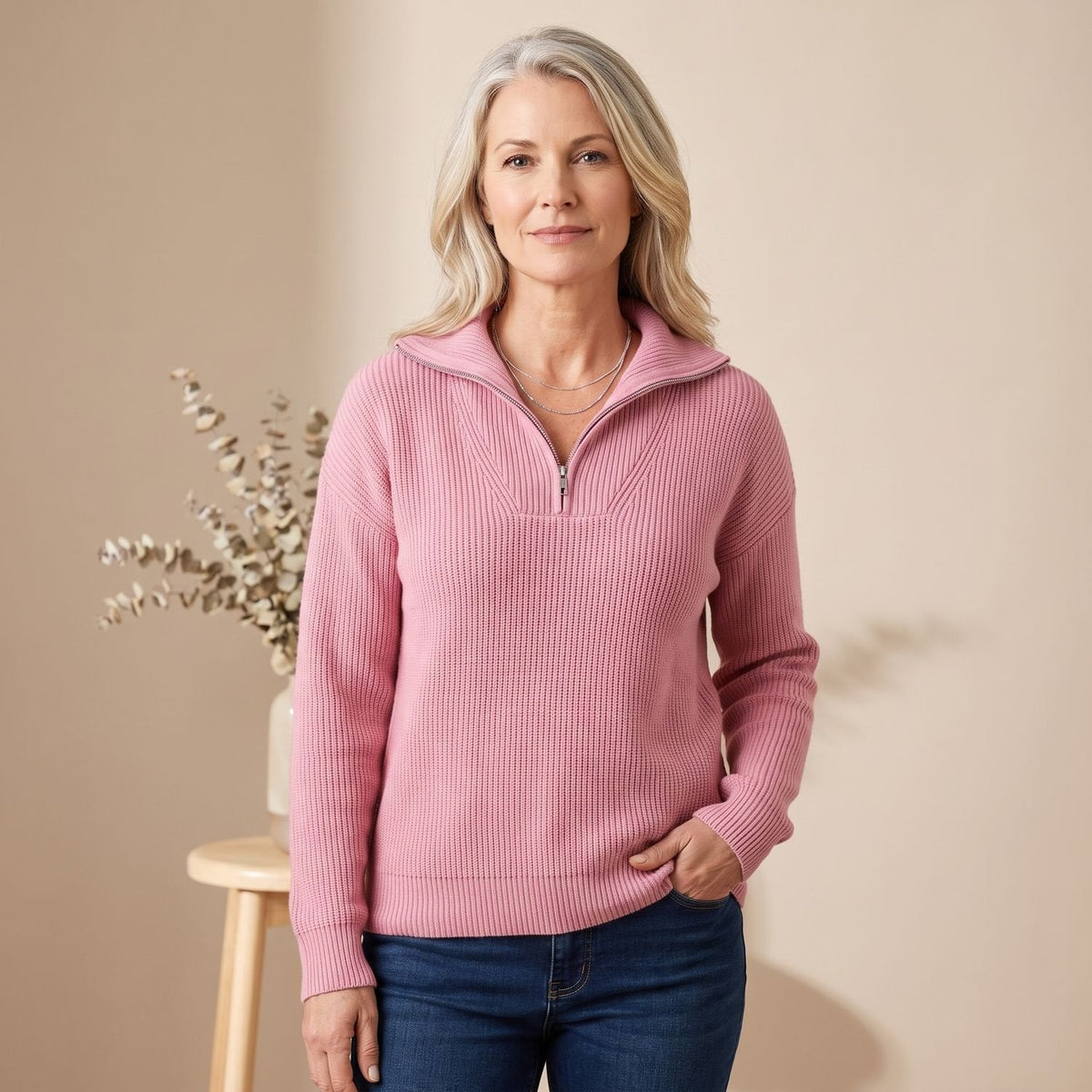Ribbed Half-Zip Stand Collar Sweater with Raglan Sleeves for Women | Mia