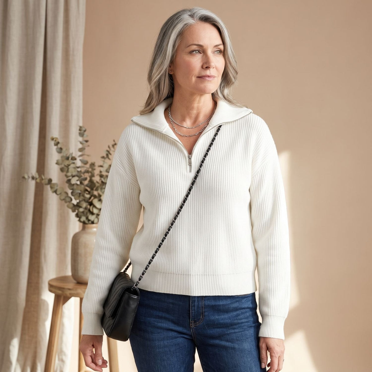 Ribbed Half-Zip Stand Collar Sweater with Raglan Sleeves for Women | Mia