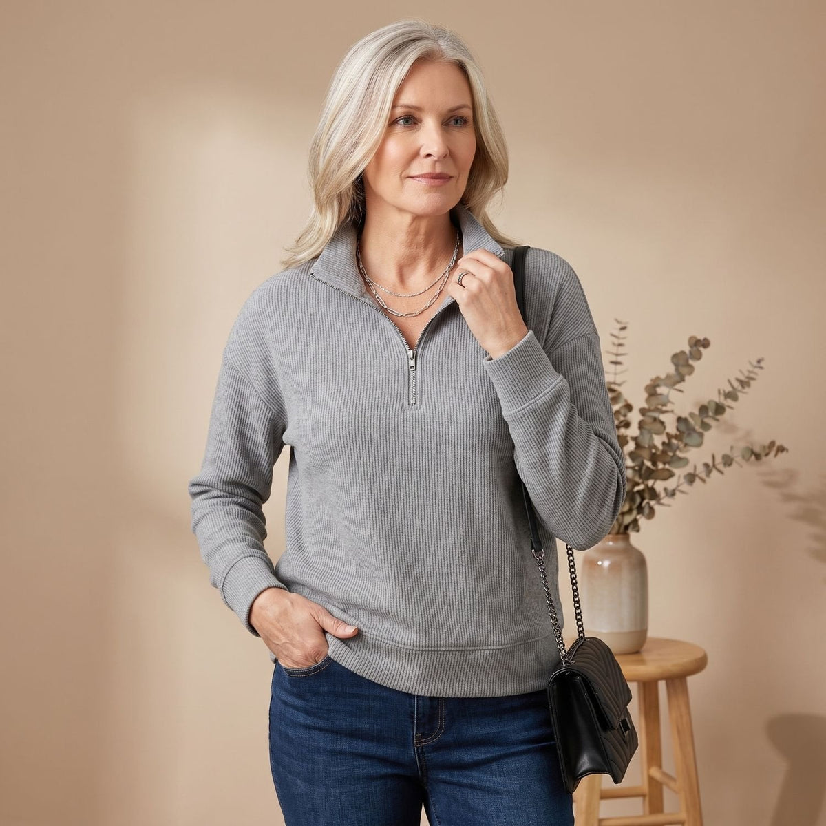 Ribbed Half-Zip Stand Collar Sweater with Raglan Sleeves for Women | Mia